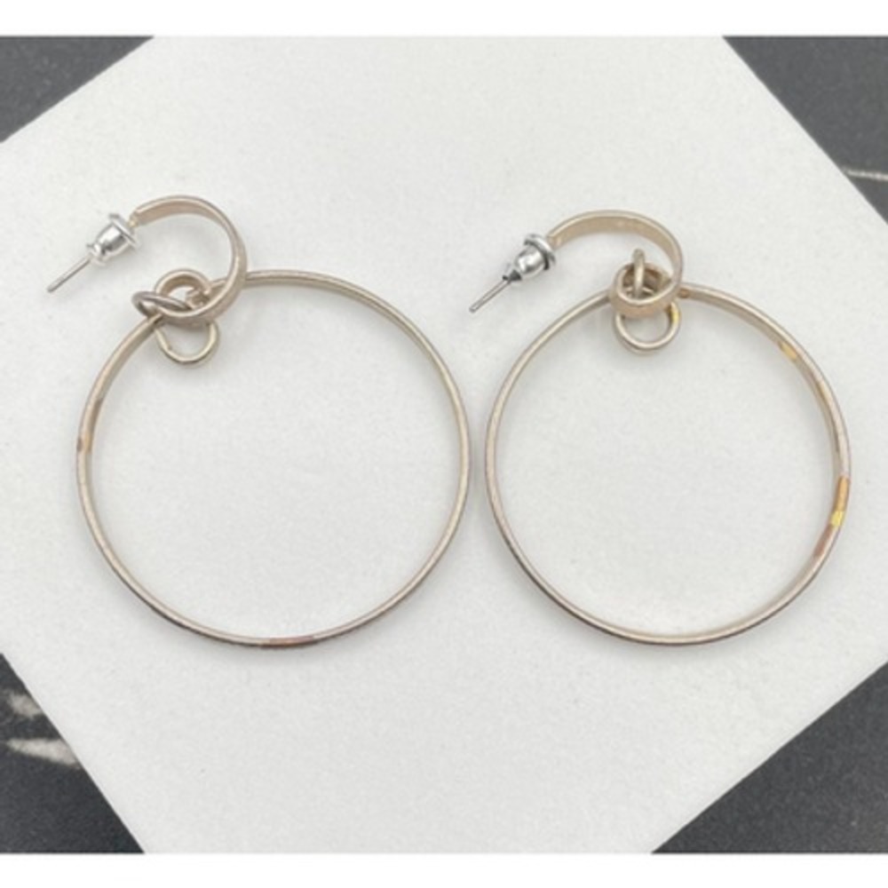 Contemporary Silver-Tone Classic Pebbled Multi-Link Geometric Hoop Drop Earrings